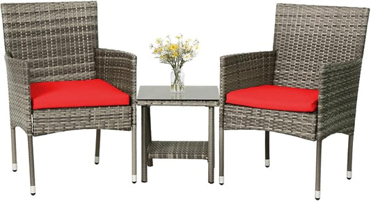 PayLessHere Set of 3 Outdoor Furniture Set Patio Furniture Set Gray Conversation Set with 2 Rattan Chairs Glass Coffee Table for Coffee Bar Poolside Patio Outdoor, Red Cushions