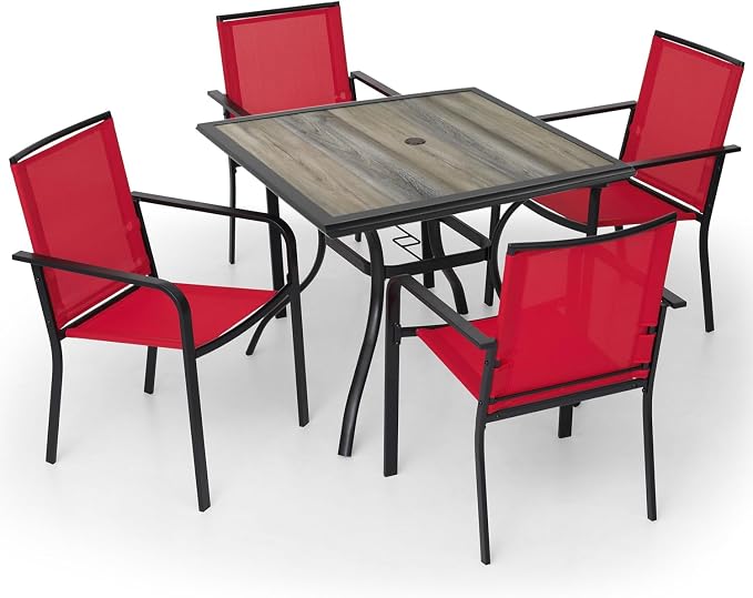5 Piece Outdoor Patio Dining Set with 37" PVC Square Table,Cherry Red Chair | Stackable Chairs, Square Table, Table and Chair with Metal Frame, Pvc Table Top, All Weather, Textilene fabric Seat and Back