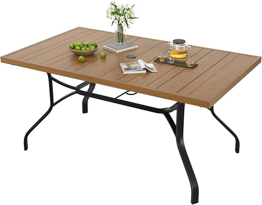 Soohow Outdoor Patio Table with 1.57" Umbrella Hole, 60"x35" Outdoor Dining Table Wood-Like Texture, All-Weather Metal Frame Patio Dining Tables for Poolside, Deck, Proch