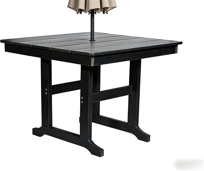 KEIKI 35" HDPE Outdoor Table, All Weather Patio Table with Umbrella Hole, Waterproof & Fade Resistant, Wood Grain Finish, Easy Assembly Patio Furniture for Garden Balcony Poolside Backyard, Black
