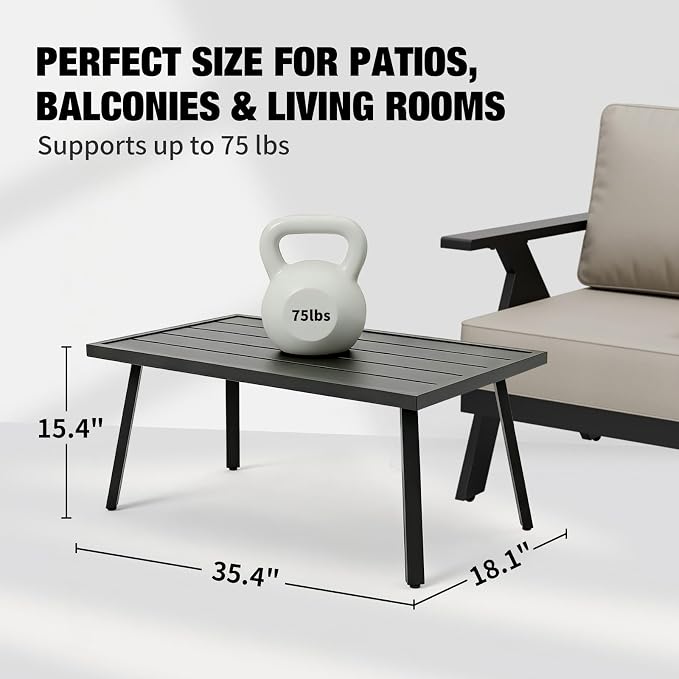 EAGLE PEAK Patio Coffee Table, Weather-Resistant Outdoor Rectangle Table for Balcony, Porch, Deck, or Garden, Modern Design, 35.4" x 17.7" x 15"