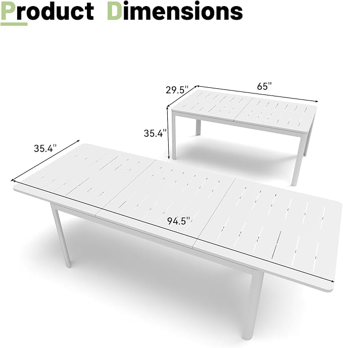 All Aluminum Expandable Patio Dining Table for 6-8 People, Extendable Outdoor Dining Room Table, All Weather Patio Furniture, Rectangular Metal Table with Adjustable Width 65"- 95", Ivory White