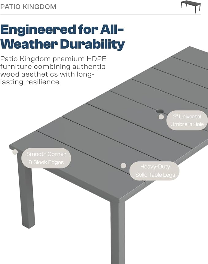 75.2" HDPE Outdoor Dining Table for 4-6 People, Rectangular Patio Dining Table with Umbrella Hole, All Weather Patio Dining Outdoor Table for Deck, Backyard and Garden, Gray