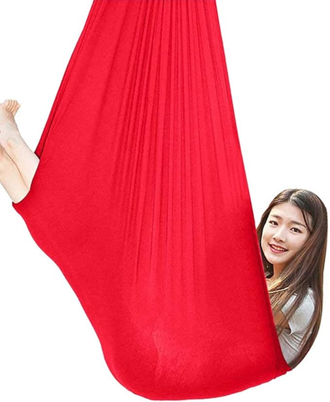 360° Rotating Elastic Aerial Yoga Hammock Outdoor Indoor Swings Aerial Yoga Sensory Therapy Cuddle Swing Soft Elastic Parcel Steady Seat Swing (Color : Rose red, Size : 150x280cm)