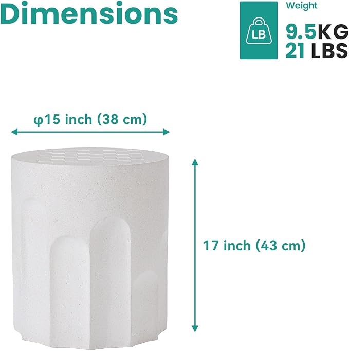SUNBURY Outdoor Side Table, 15" W Small Outdoor End Table, Concrete Side Tables w Chessboard, Lightweight MgO Round Patio Side Tables, Garden Stool Plant Stand for Yard, Front Porch, Spotted White