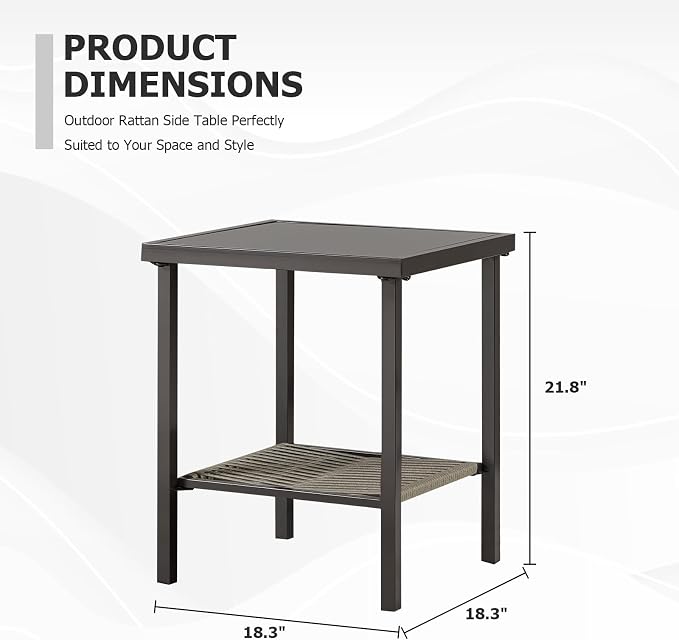Outdoor Side Table, Steel, 22x18x18 in, Dark Gray | Powder-coated steel frame, 2-layer square top, moisture-resistant, patio deck end table, holds 50 lb