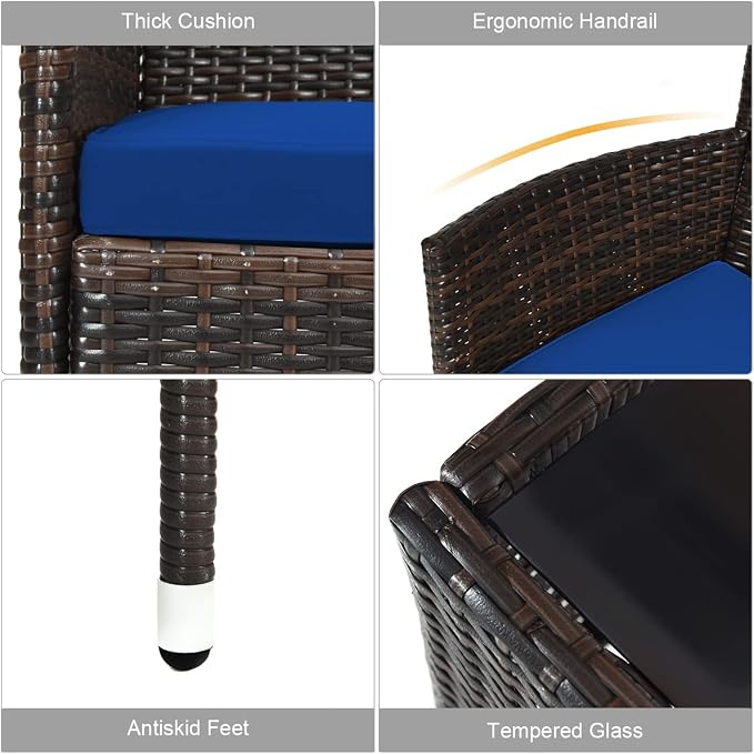 4 Pieces Patio Sofa Set, Wicker Conversation Set with Ergonomic Curved Backrest, Rattan Furniture Set with Water-Resistant Cushion & Tempered Glass Table for Balcony, Porch (Navy Blue)