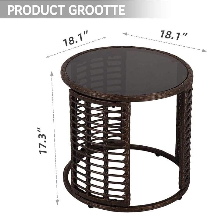Patio Rattan Side Table - Outdoor Wicker Fashionable Side Table, Round End Table with Glass Table Top for Garden, Backyard, Porch, Deck, Black Gold