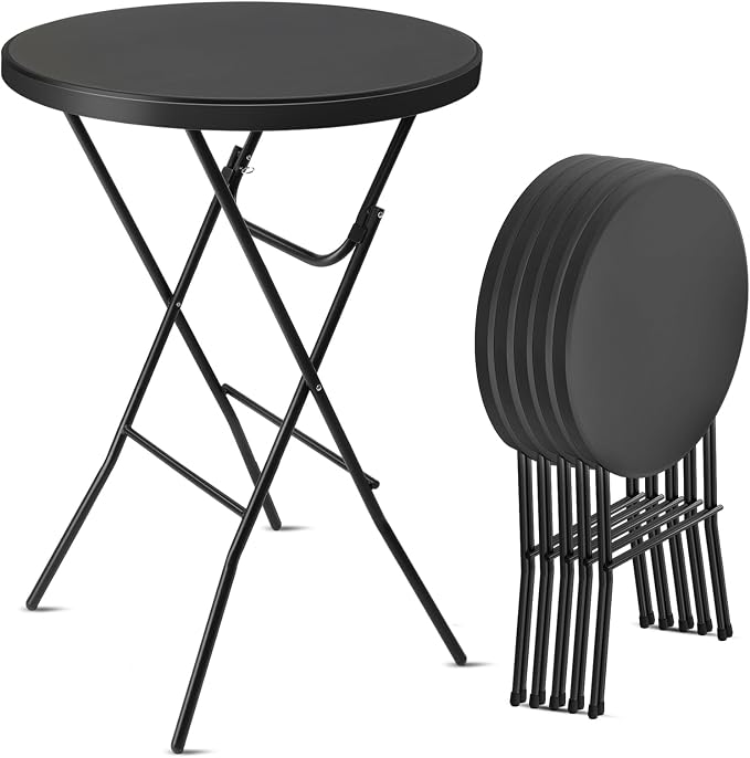 Bonnlo 32" Cocktail Table High Top Table, Folding Round Table Bar Height, HDPE Matrial with Gray Metal Finish for Outdoor Party, Backyard, Dining Room, Wedding Event,Black- 6PCS