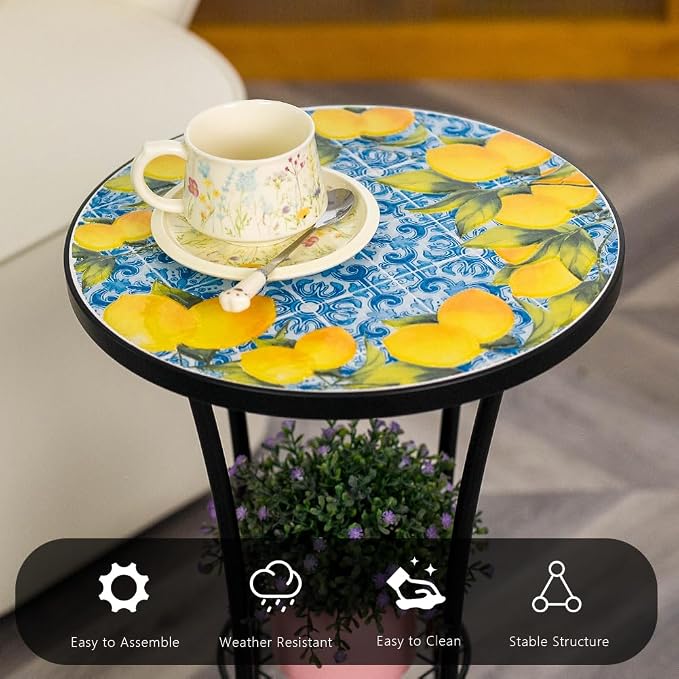 14 Inch Mosaic Patio Side Table with Scroll Legs, Indoor Outdoor Accent Round End Table with Ceramic Tile Tops for Yard, Garden, Living Room, Bistro, B - Lemon & Blue Tile