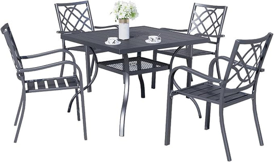 Crownland 5 Piece Patio Dining Set, 4 Stackable Metal Chairs and Square Outdoor Dining Table with 1.57 inch Umbrella Hole (Metal Tabletop), Black