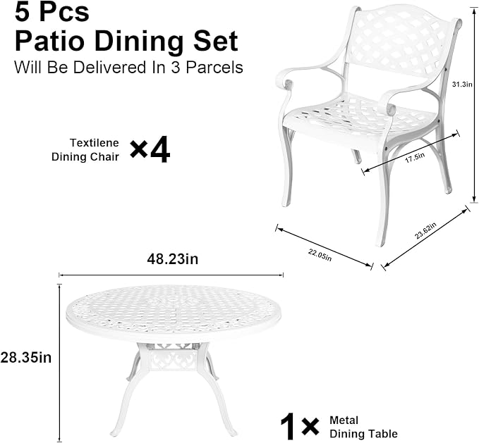 5 Piece Patio Dining Set, All-Weather Metal Outdoor Table and Chairs Set of 4, Cast Aluminum Patio Furniture Set for Patio, Garden, Backyard, Balcony