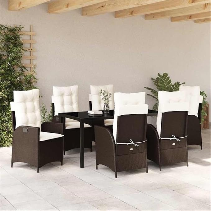 Afuera Living 7 Piece Poly Rattan Garden Dining Set, Black Finish, Cushioned Seats, Glass Tabletop, UV-Resistant Woven Texture, Steel Frame, Ergonomic Design, Ideal for Patio, Porch, Backyard Dining