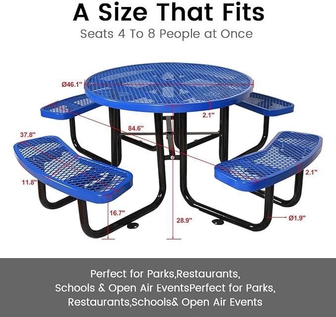 46" Round Metal Picnic Table for 4-8 Person, Durable Heavy Duty Commercial Picnic Table with Umbrella Hole for Outdoor Coffee Shop, School, Hospital, Easy to Install, Blue