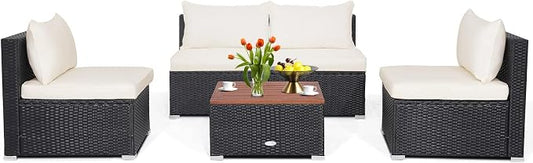 Tangkula 5 Piece Outdoor Patio Furniture Set, Patiojoy PE Wicker Conversation Set with Solid Acacia Wood Tabletop and Soft Cushions, Patio Sectional Sofa Furniture Set for Garden, Poolside (Off White)
