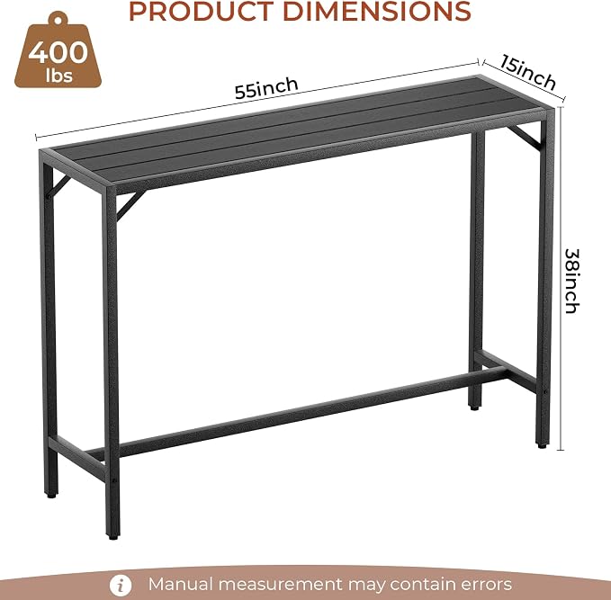 TLSUNNY Outdoor Bar Table, 55" Patio Counter Height Table, High Top Furniture w/HDPE Top, E-Coating & Hammer-Finish Frame, Adjustable Foot, All Weather for Hot Tub,Balcony,Poolside,Kitchen