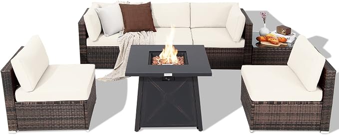 Tangkula 7 Piece Patio Furniture Set w/Fire Pit Table, Patiojoy Outdoor Rattan Conversation Sofa Set w/30 Square Propane Fire Pit Table, 50,000 BTU Heat Output, Protective Cover Included (Off White)