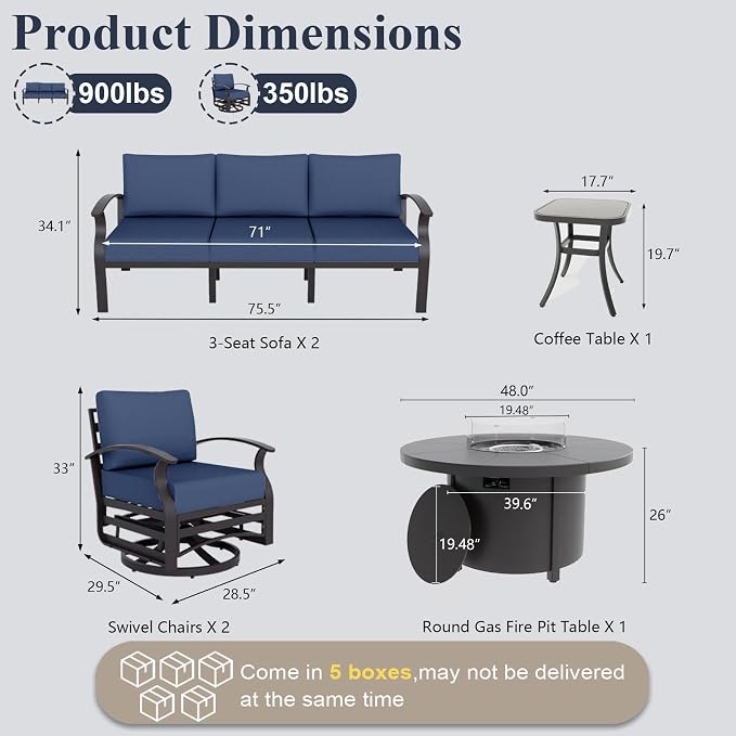 ALAULM Aluminum Patio Furniture Set with Coffee Table Rectangular, 5-seat Outdoor Sectional Furniture w/2 Swivel Chairs, Patio Conversation Set for Porch, Backyard, Poolside-Grey