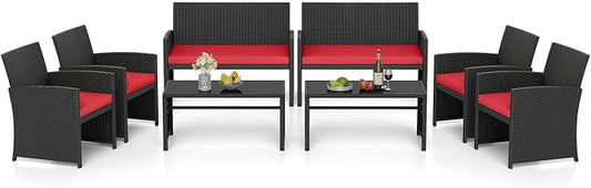 RELAX4LIFE 8-Piece Patio Furniture Set - Wicker Rattan Outdoor Sectional Sofa Set w/Glass Coffee Table, Loveseat, Chairs & Soft Cushions, Bistro Conversation for Garden Porch (2, Black-Red)