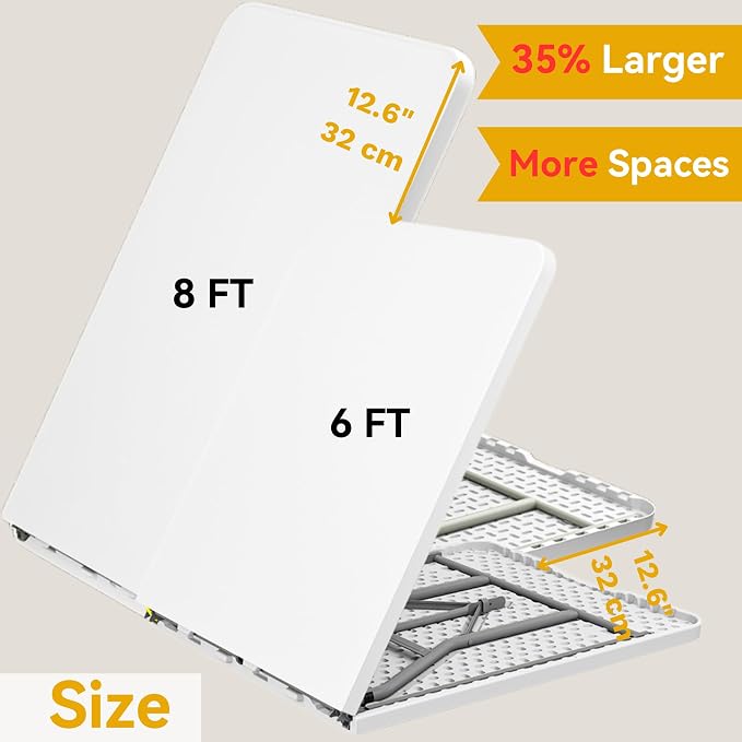 DWVO 8FT Folding Table, Heavy Duty Folding Tables with Carrying Handle, Plastic Fold up Table for Outdoor Camping Picnic Parties, Indoor Events, White