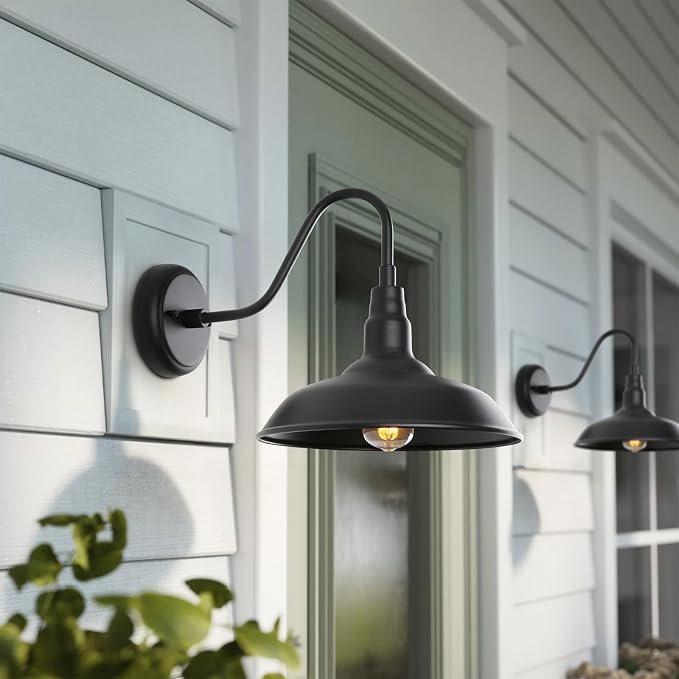 Black Gooseneck Barn Light for Farmhouse 10 Inch Dome Exterior Lights Fixture with Wall Mount, Outdoor Wall Sconce for Garage Porch Patio