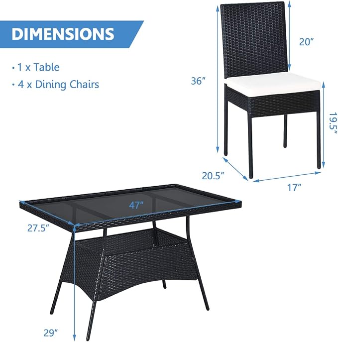 RELAX4LIFE 5-Piece Wicker Dining Set - Patio Rattan Dining Furniture w/ 1 Rectangular Table, 4 Chairs & Removable Soft Cushions, Indoor & Outdoor Dining Table Set w/Tempered Glass Top, Black