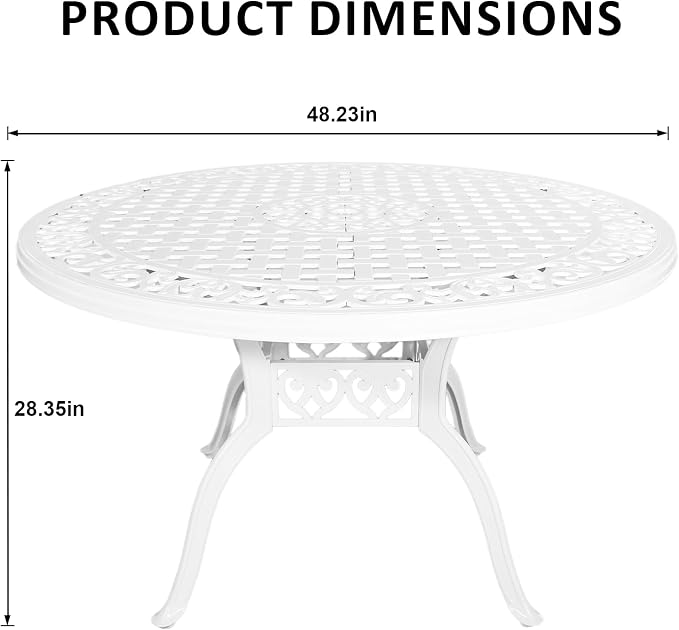 Outdoor Dining Table for 4-6 Person, 48.23" Cast Aluminum Patio Table with 2.36" Umbrella Hole, Outdoor Bistro Table for Backyard, Garden, Patio