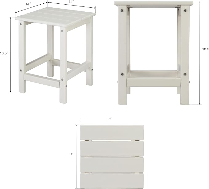 Outdoor Side Table, Square HDPE Patio End Table, Weather Resistant Adirondack Side Table for Porch, Garden, Backyard, Poolside, Waterproof Small Slat Accent Table, 14 Inch, White