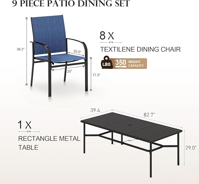 HERA'S HOUSE 9pc Outdoor Patio Dining Set for 8, Textilene Chairs, Blue | 83" Rectangular Metal Table with umbrella hole. Waterproof, rust-resistant, all-weather for backyard, porch