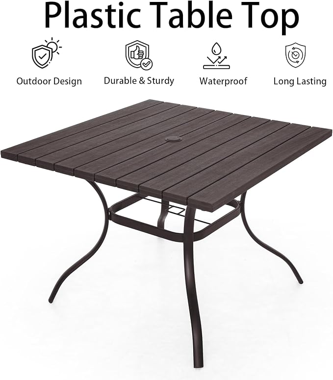 Anmutig Outdoor Dining Table with 1.6" Umbrella Hole, 37" Square Plastic Patio Table with Metal Steel Frame for Picnic, Garden, Poolside, Backyard, Brown