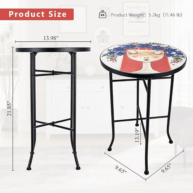 14 Inch Mosaic Patio Side Table with X-Straight Legs, Indoor Outdoor Accent Round End Table with Ceramic Tile Tops for Yard, Garden, Living Room, Bistro, A - Red Hair Girl