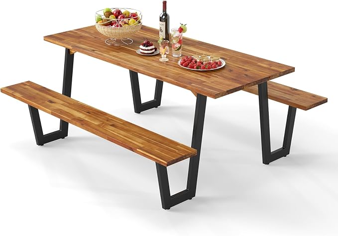 Giantex 71" Picnic Table Bench Set for 6-8, Acacia Wood Outdoor Dining Table Set, 2" Umbrella Hole, Heavy Duty Metal Frame, Footrest Bar, Large Rectangular Tabletop for Porch Patio Lawn Garden