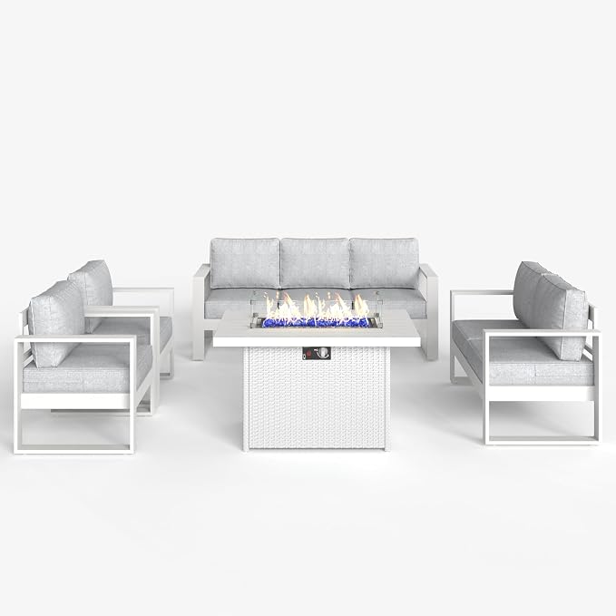 LayinSun 5 Pieces Aluminum Outdoor Patio Furniture Set, Metal Modern Conversation Sofa Set with Fire Pit Table and Washable Thick Cushions for Porch, Backyard, Deck