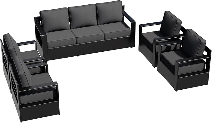 Outdoor Aluminum Furniture Set, 5-Piece Patio Conversation Set, 4 Chairs and 1 Sofa, All-Weather Metal Frame, 6" Thick Removable Cushions, Deep Setting for Garden, Poolside and Porch
