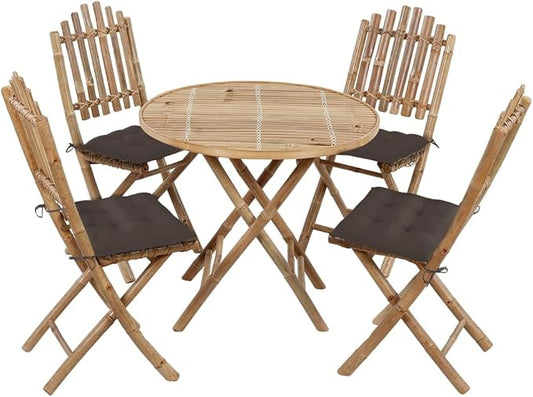 5 Piece Bamboo Folding Patio Dining Set with Cushions, Round Outdoor Table and 4 Foldable Chairs for Backyard Balcony and Porch, Rustic Wood Bistro Furniture Set