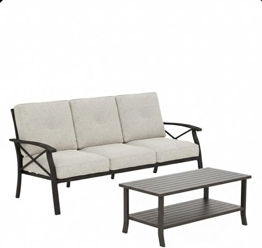 Hassyee 2 Pieces All-Weather Metal Outdoor Conversation Set with Coffee Table and Removable Cushions for Balcony, Patio Furniture Set with Modern Curved Design for Backyard, Lawn (2 PCS Set)