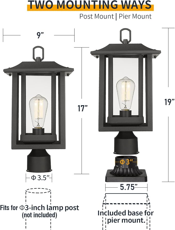 Beionxii Outdoor Post Lights, Large Exterior Lamp Post Light Fixture with Pier Mount Base, Black Cast Aluminum w/Clear Glass (19" x 9") - A197P-2PK (NOT Solar, 110-120V AC)
