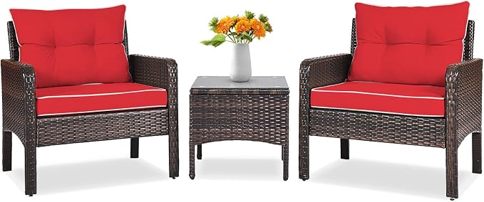 Tangkula 3 Piece Outdoor Patio Furniture Set, Wicker Chairs Set with Glass Top Coffee Table, Thick Cushions, All Weather Garden Lawn Poolside Backyard Porch Furniture Set for 2 (Red)