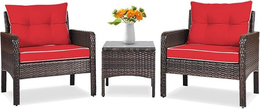 Tangkula 3 Piece Outdoor Patio Furniture Set, Wicker Chairs Set with Glass Top Coffee Table, Thick Cushions, All Weather Garden Lawn Poolside Backyard Porch Furniture Set for 2 (Red)