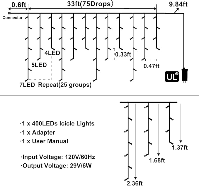 Blue Christmas Lights Outdoor Icicle Lights for Outside 33ft 400 LED Lights | Clear Wire Connectable String Lights with 8 Modes Timer Waterproof for House Window Party Tree Holiday Patio Yard Home Decor