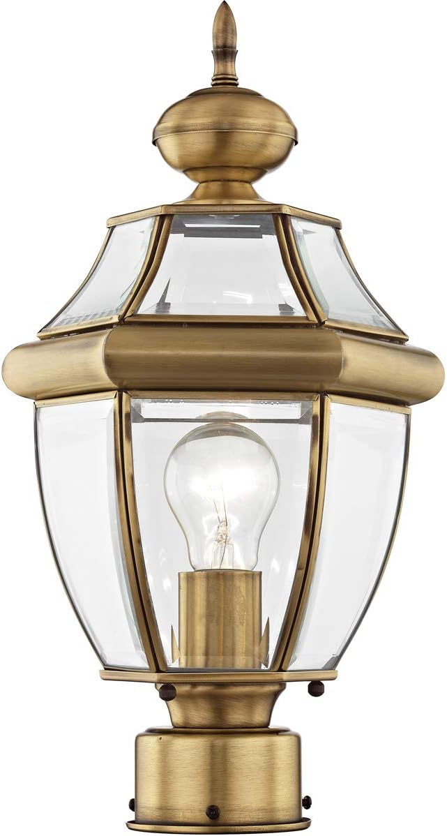 Livex Lighting 2153-01 Post Light Fixture, Antique Brass | Clear Beveled Glass Shades