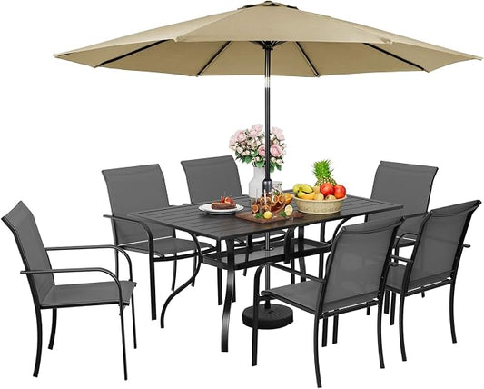 SUNCROWN 8 - Piece Outdoor Dining Set, Patio Furniture Set with 6 Textilene Dinning Chairs, 1 Rectangle Metal Table and 1 Brown 9Ft Patio Umbrella for Lawn Garden Backyard Deck, Grey