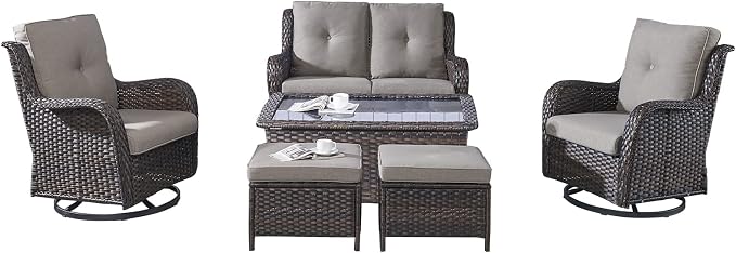Rilyson Wicker Patio Furniture Set - 6 Piece Rattan Outdoor Sectional Conversation Sets with 2 Swivel Rocking Chairs,2 Ottomans,1 Loveseat and 1 Coffee Table for Porch Deck Garden(Brown/Grey)