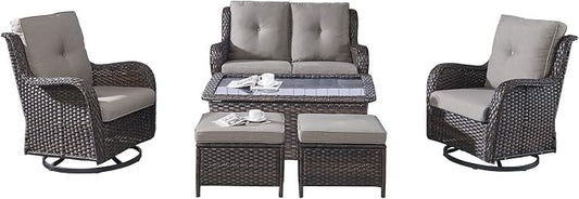Rilyson Wicker Patio Furniture Set - 6 Piece Rattan Outdoor Sectional Conversation Sets with 2 Swivel Rocking Chairs,2 Ottomans,1 Loveseat and 1 Coffee Table for Porch Deck Garden(Brown/Grey)