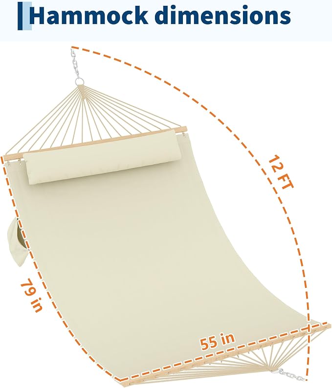 TrailBlaze Comfortable 2 Person Quilted Hammock with Hardwood Spreader Bars & Pillow – 450lbs Capacity – Ideal for Patio, Backyard, or Poolside – Double Outdoor Hammock – Beige