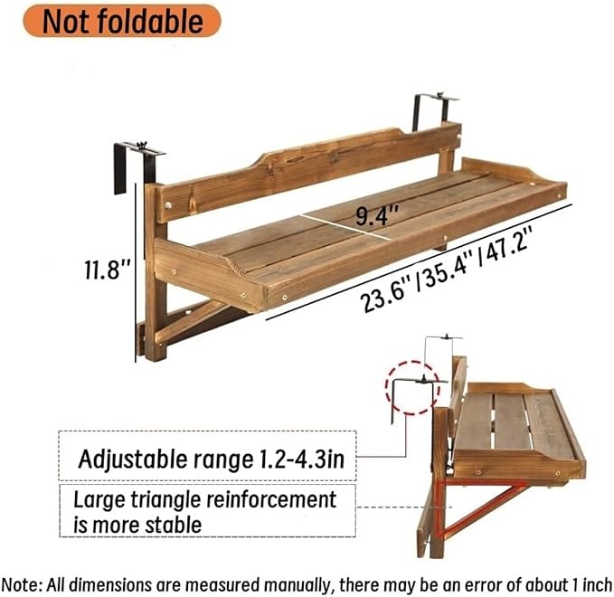Wood Balcony Railing Table & Hanging Planter Shelf - Rectangular, Rustic, 1 Shelf, Heavy Duty, Weatherproof, Supports Up to 100 lbs