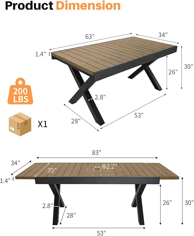 Teak Expandable Outdoor Dining Table for 8, Never-Rust Aluminum Patio Dining Table, 63''-83'' X-Shaped Extendable Dining Table with Umbrella Hole for Garden Porch Deck Indoor or Outdoor Meals