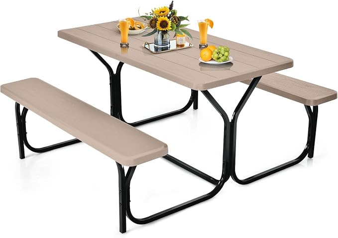 DORTALA Plastic Picnic Table for Outdoors, All Weather Faux Wood Patio Picnic Table Set with Benches for Outdoor, Cafeteria and Commercial, Brown