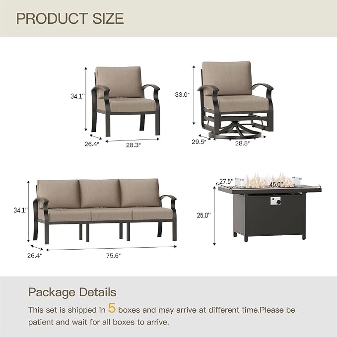 Aluminum Patio Furniture Set with 55,000 BTU Propane Fire Pit Table,7 Seats Metal Modern Outdoor Furniture w/5.1" Cushions,Patio Sectional w/Swivel Chairs for Backyard,Patio,Sand