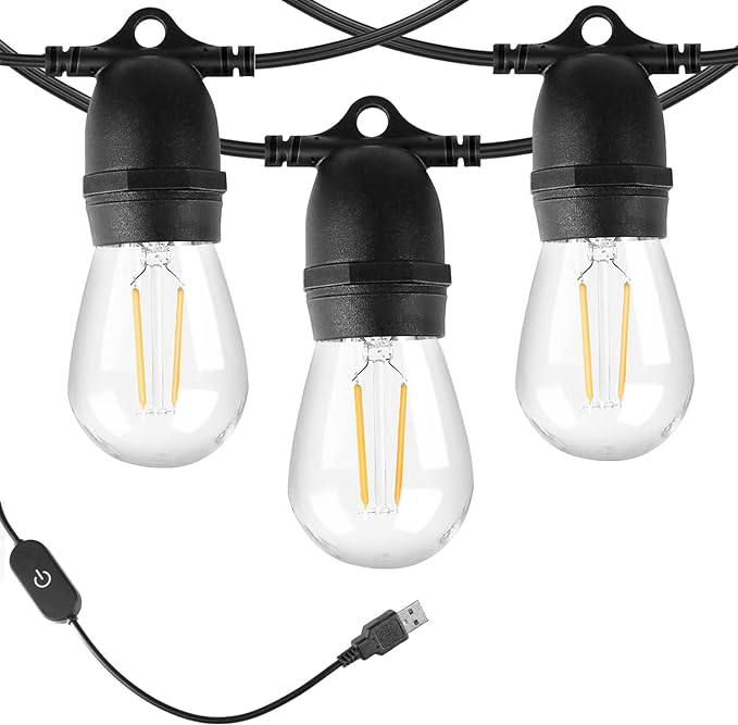 24.6Ft USB Powered String Lights,10 LED Bulb Waterproof&Shatterproof | Outdoor Camping String Light Dimmable Brightness with Swith for Tents,Patio,Backyard and Holidays,2700K Warm White